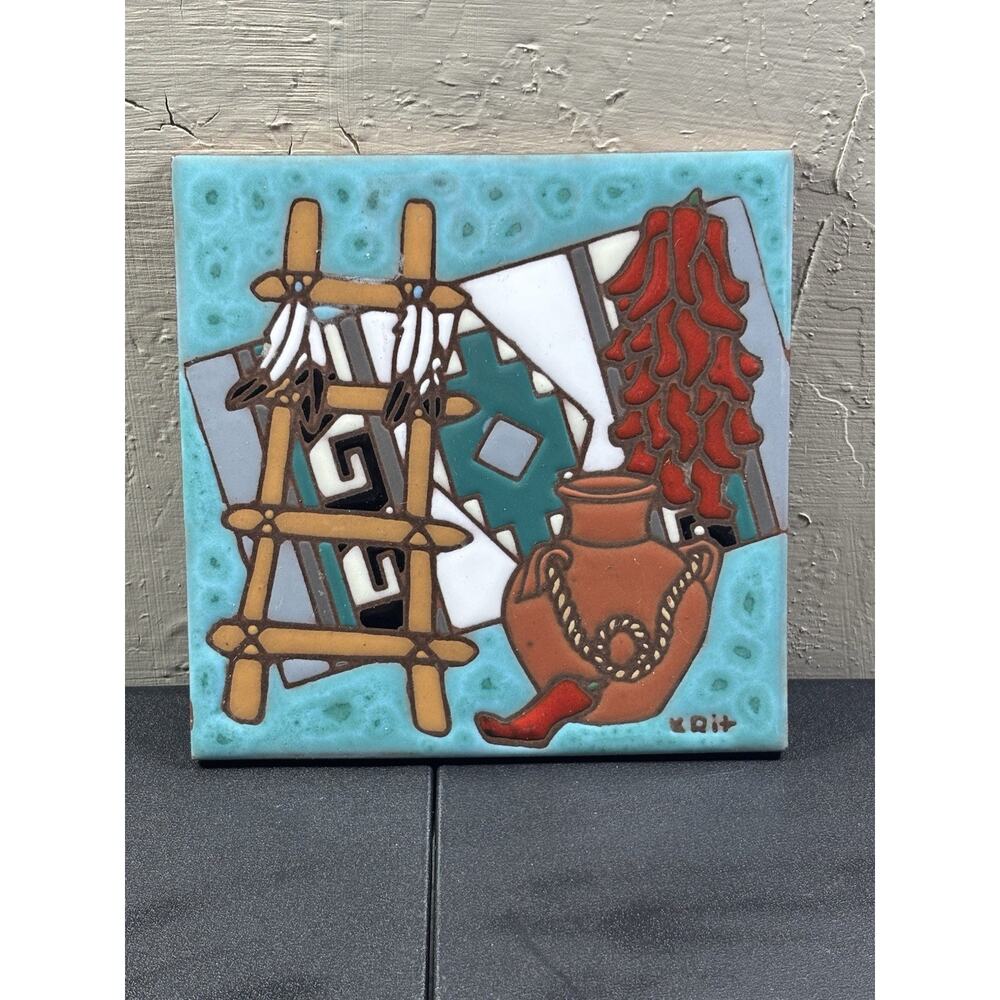 VTG Earth Tones Ceramic Tile Hand Painted Trivet Tile "Plentiful Chilies"